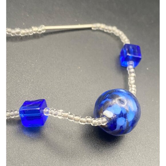 Sterling Silver 15" Necklace Artisan Cobalt Blue Art Glass Beads Minimalist Boho - Picture 7 of 7